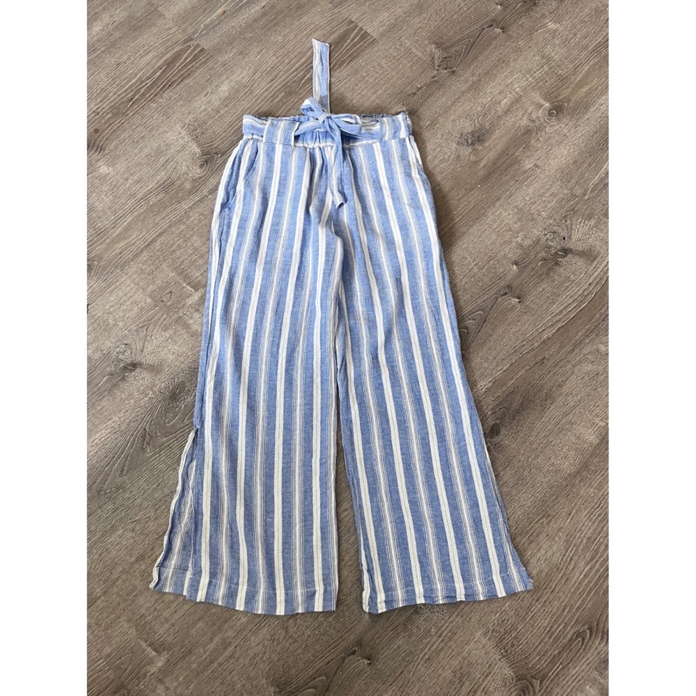 Banjara Blue White Striped Wide Leg Linen Blend Coastal Beach Pants Womens M